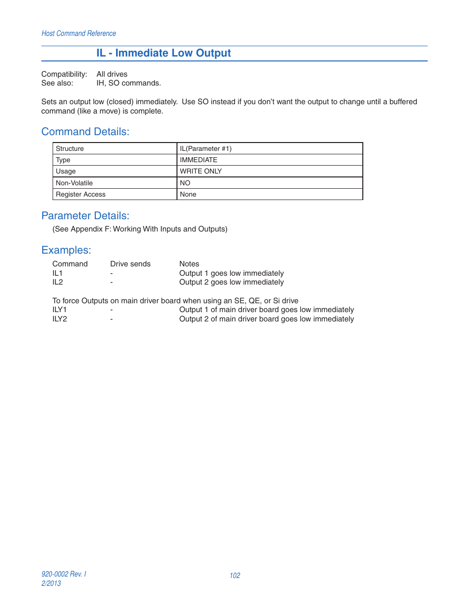 Il - immediate low output, Command details, Parameter details | Examples | Applied Motion RS-232 User Manual | Page 102 / 320