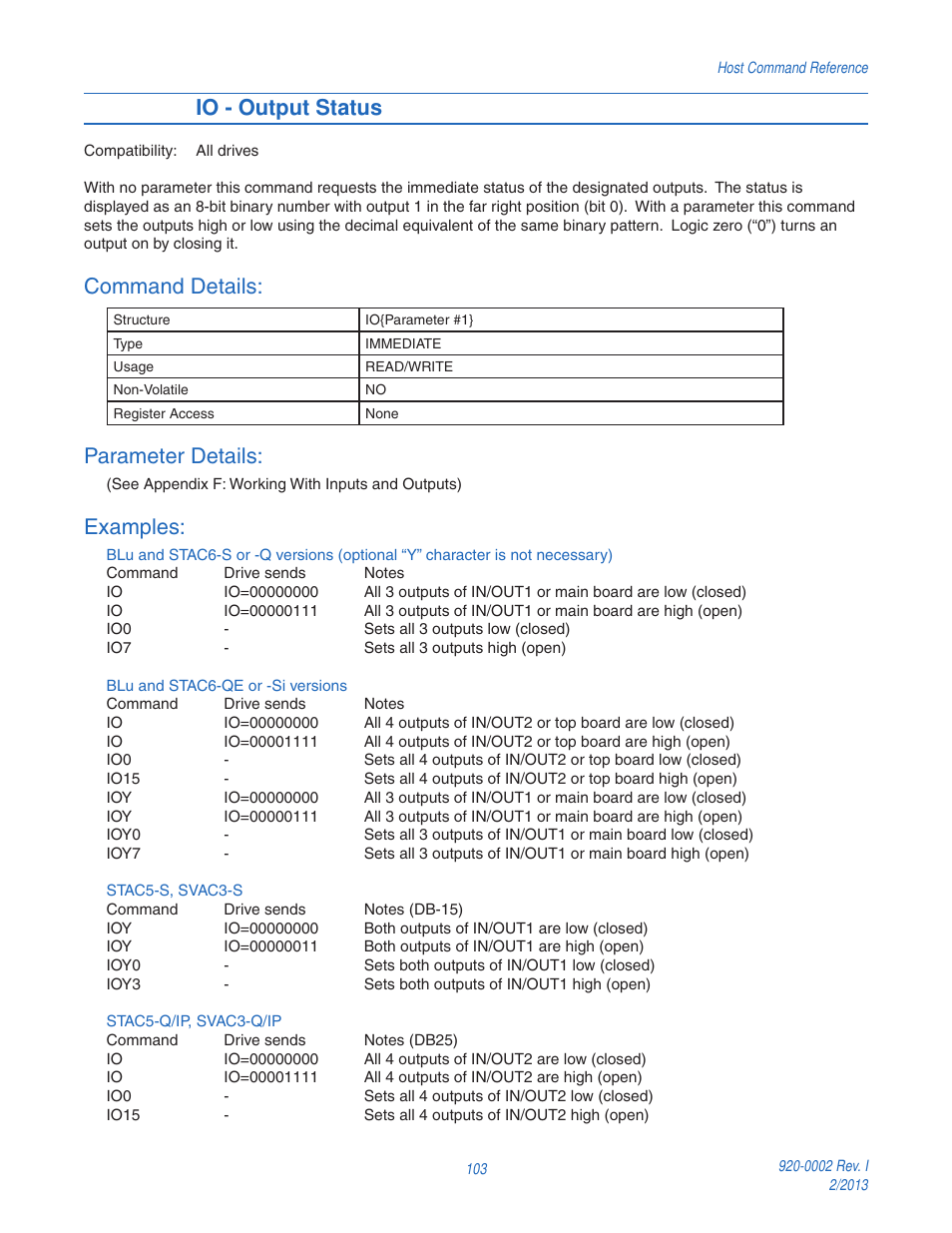 Io - output status, Command details, Parameter details | Examples | Applied Motion RS-232 User Manual | Page 103 / 320