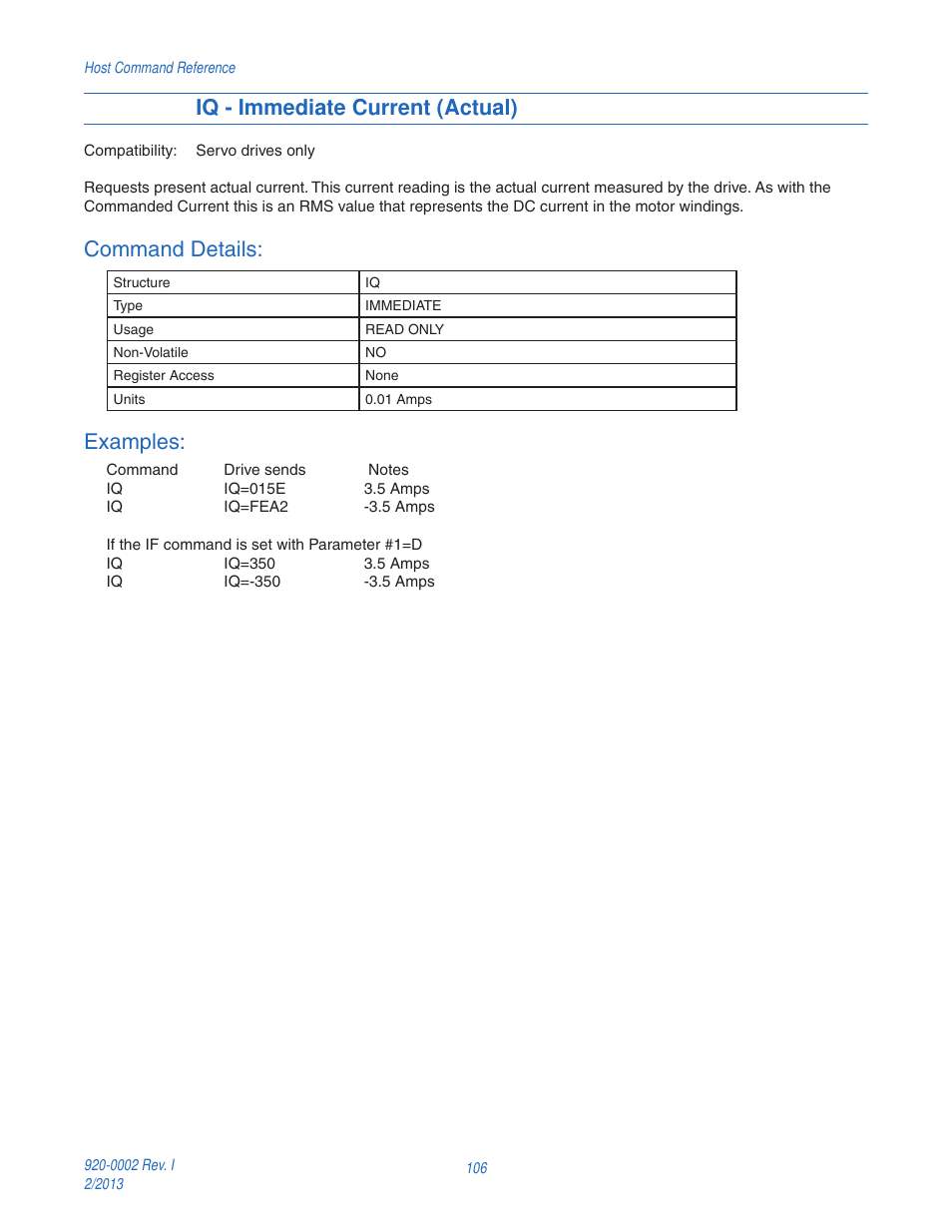 Iq - immediate current (actual), Command details, Examples | Applied Motion RS-232 User Manual | Page 106 / 320
