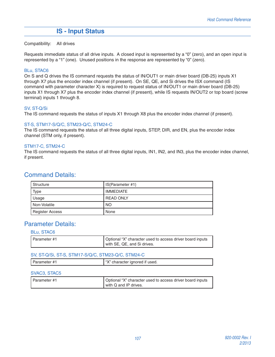 Is - input status, Command details, Parameter details | Applied Motion RS-232 User Manual | Page 107 / 320