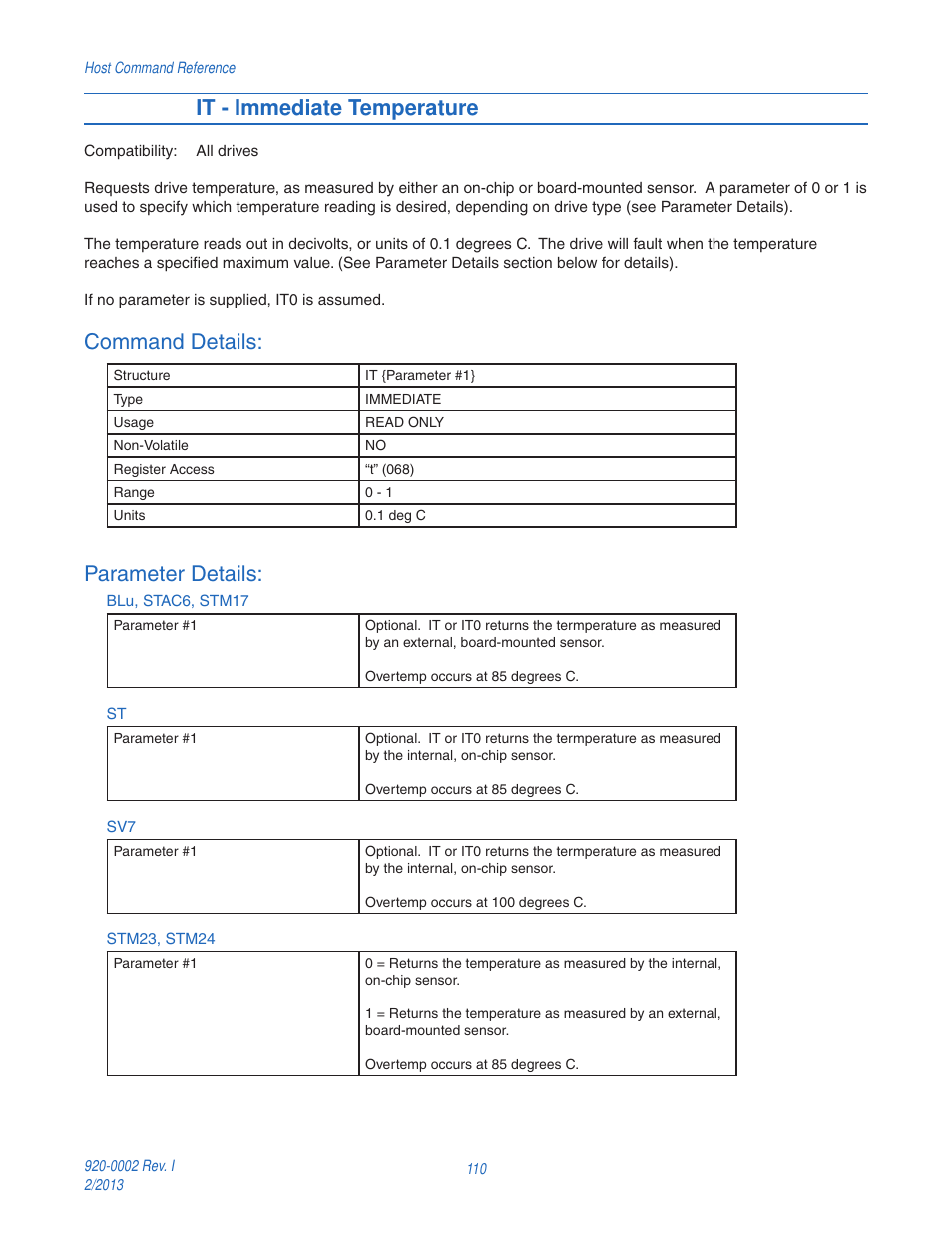It - immediate temperature, Command details, Parameter details | Applied Motion RS-232 User Manual | Page 110 / 320