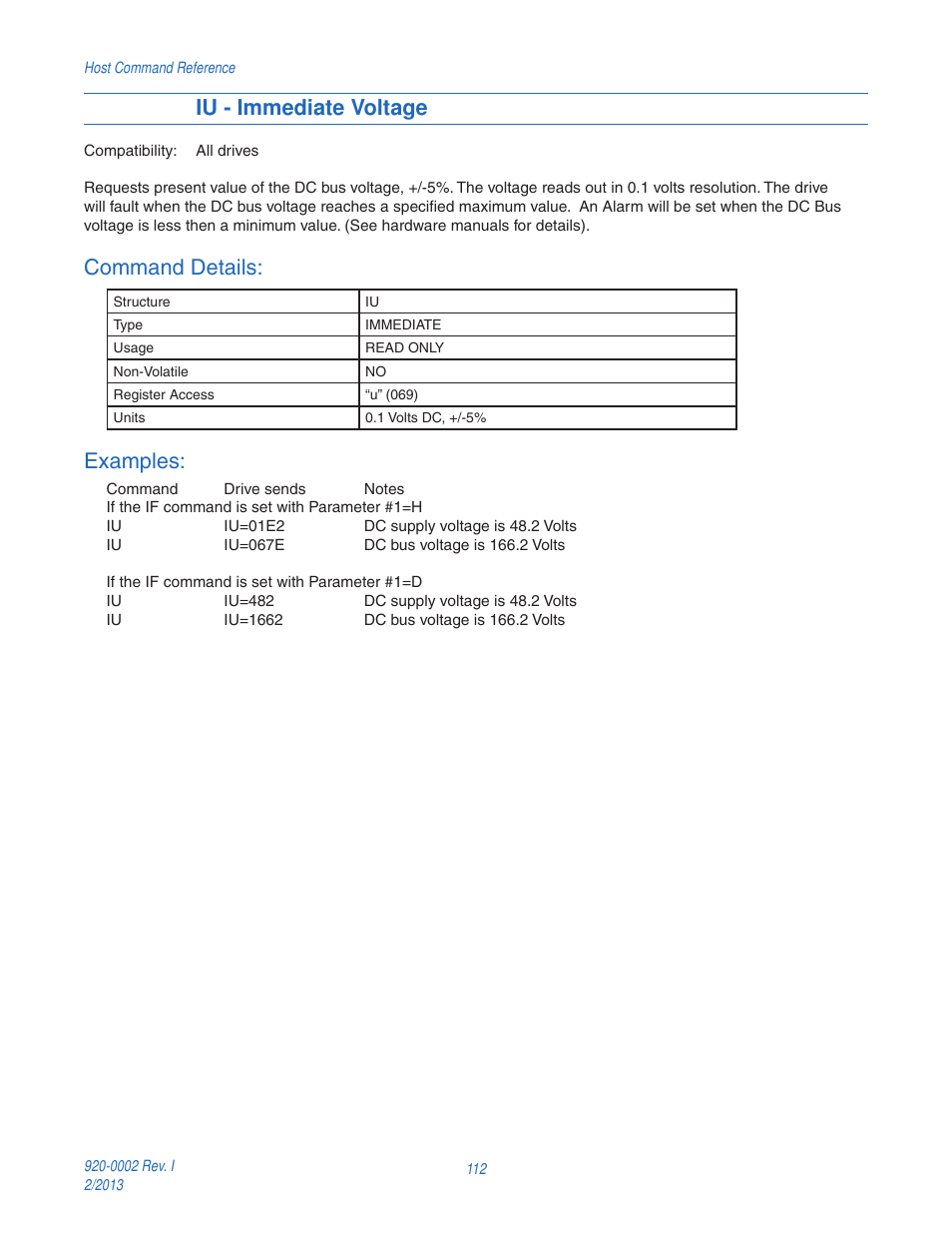 Iu - immediate voltage, Command details, Examples | Applied Motion RS-232 User Manual | Page 112 / 320