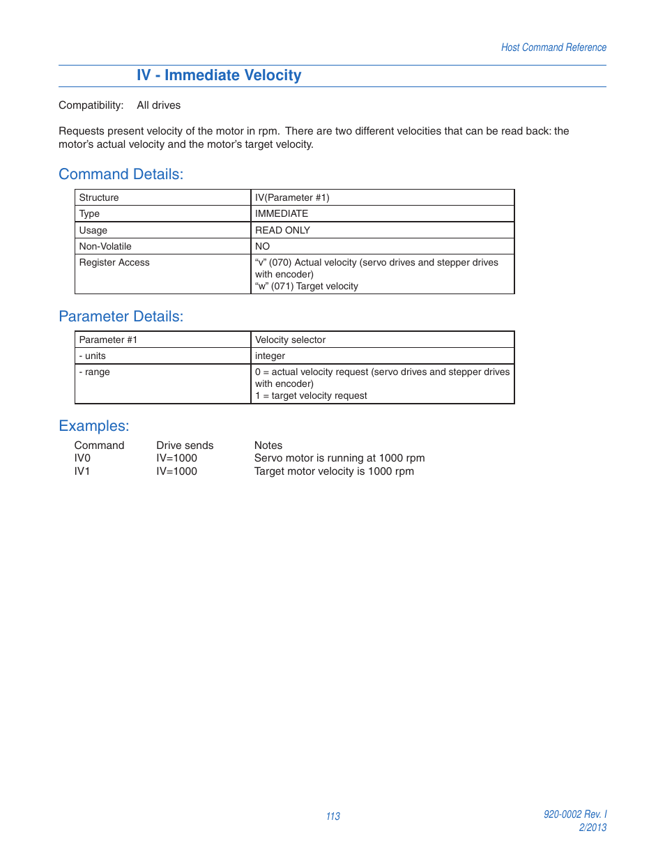 Iv - immediate velocity, Command details, Parameter details | Examples | Applied Motion RS-232 User Manual | Page 113 / 320