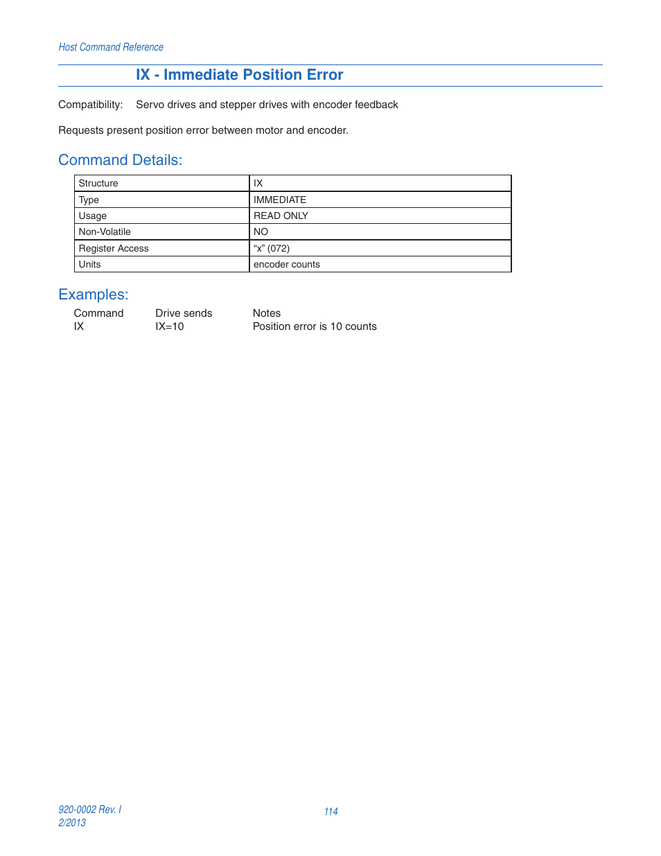 Ix - immediate position error, Command details, Examples | Applied Motion RS-232 User Manual | Page 114 / 320