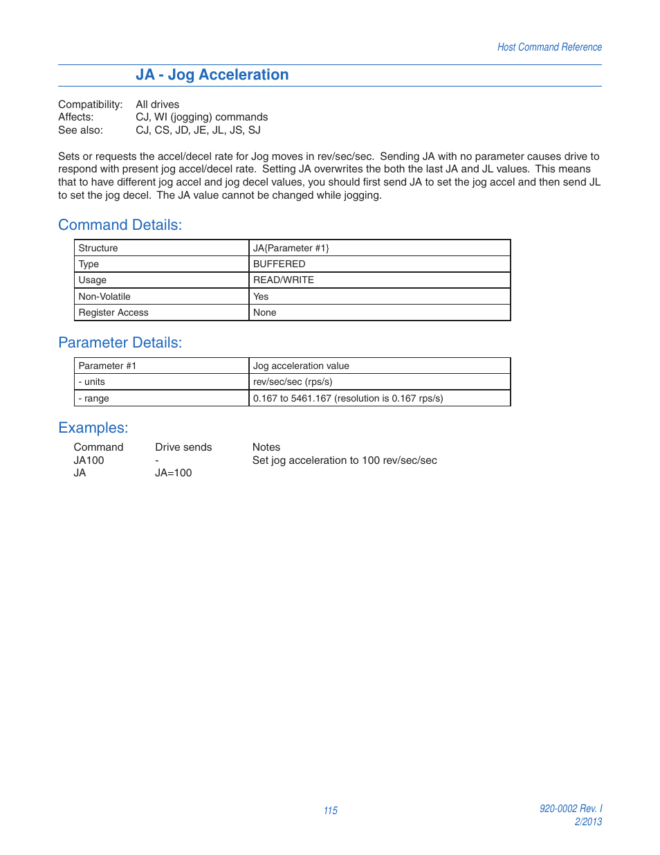 Ja - jog acceleration, Command details, Parameter details | Examples | Applied Motion RS-232 User Manual | Page 115 / 320