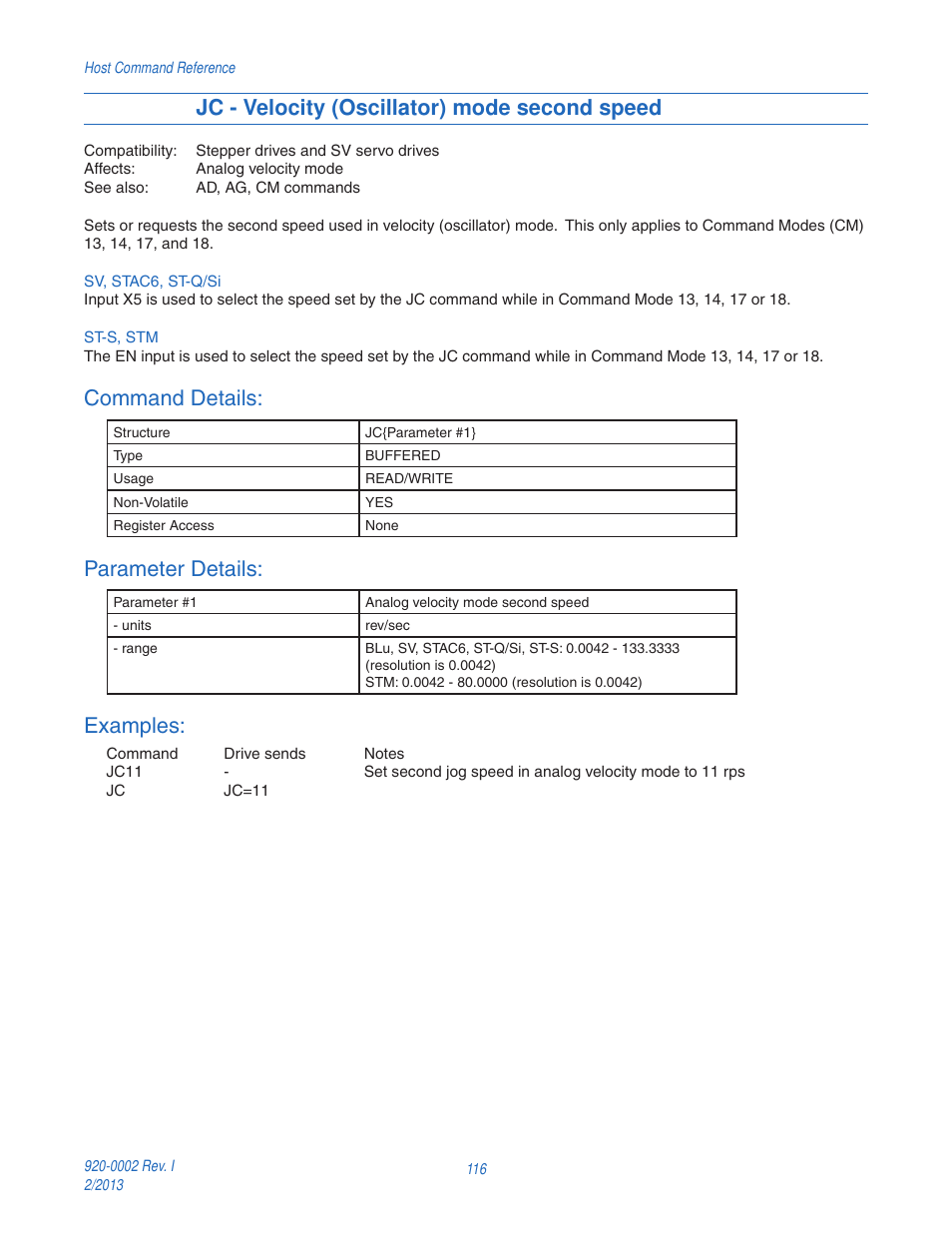 Jc - velocity (oscillator) mode second speed, Command details, Parameter details | Examples | Applied Motion RS-232 User Manual | Page 116 / 320