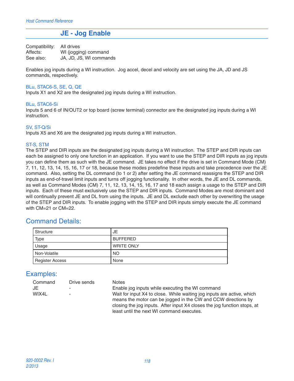 Je - jog enable, Command details, Examples | Applied Motion RS-232 User Manual | Page 118 / 320