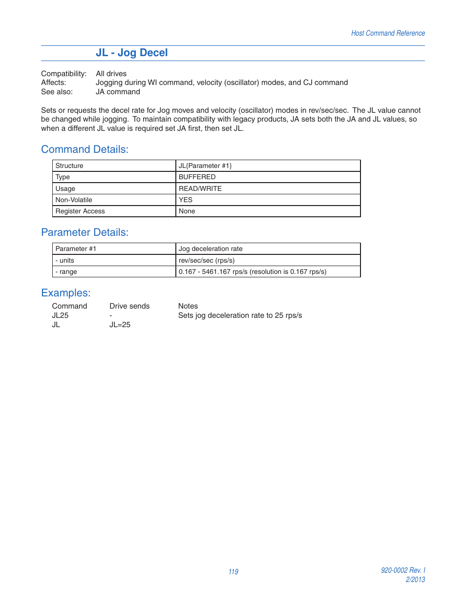 Jl - jog decel, Command details, Parameter details | Examples | Applied Motion RS-232 User Manual | Page 119 / 320