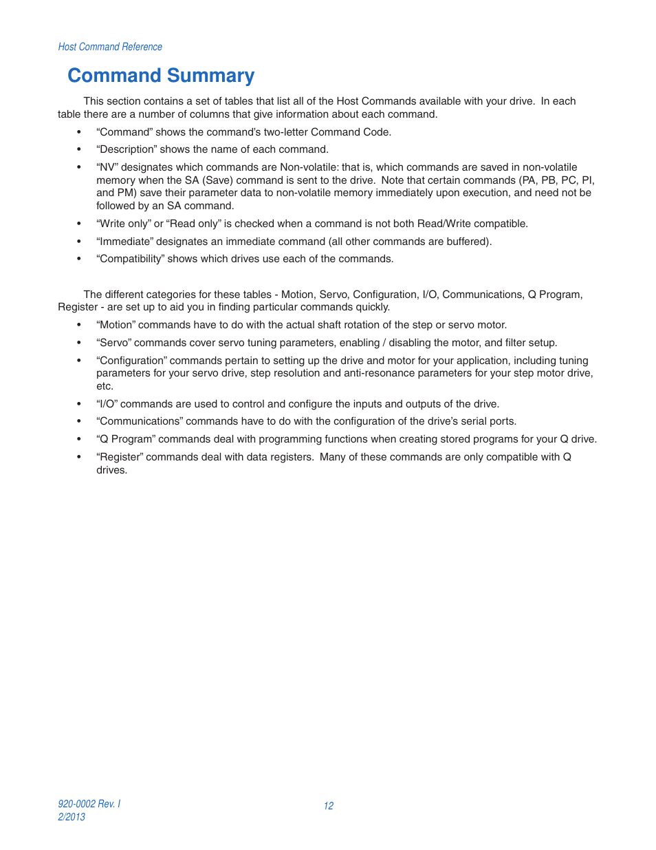 Command summary | Applied Motion RS-232 User Manual | Page 12 / 320