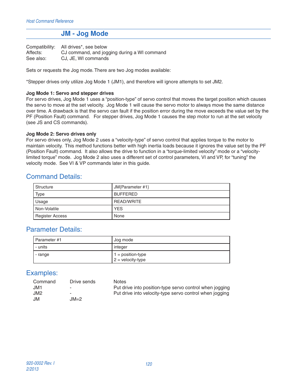 Jm - jog mode, Command details, Parameter details | Examples | Applied Motion RS-232 User Manual | Page 120 / 320
