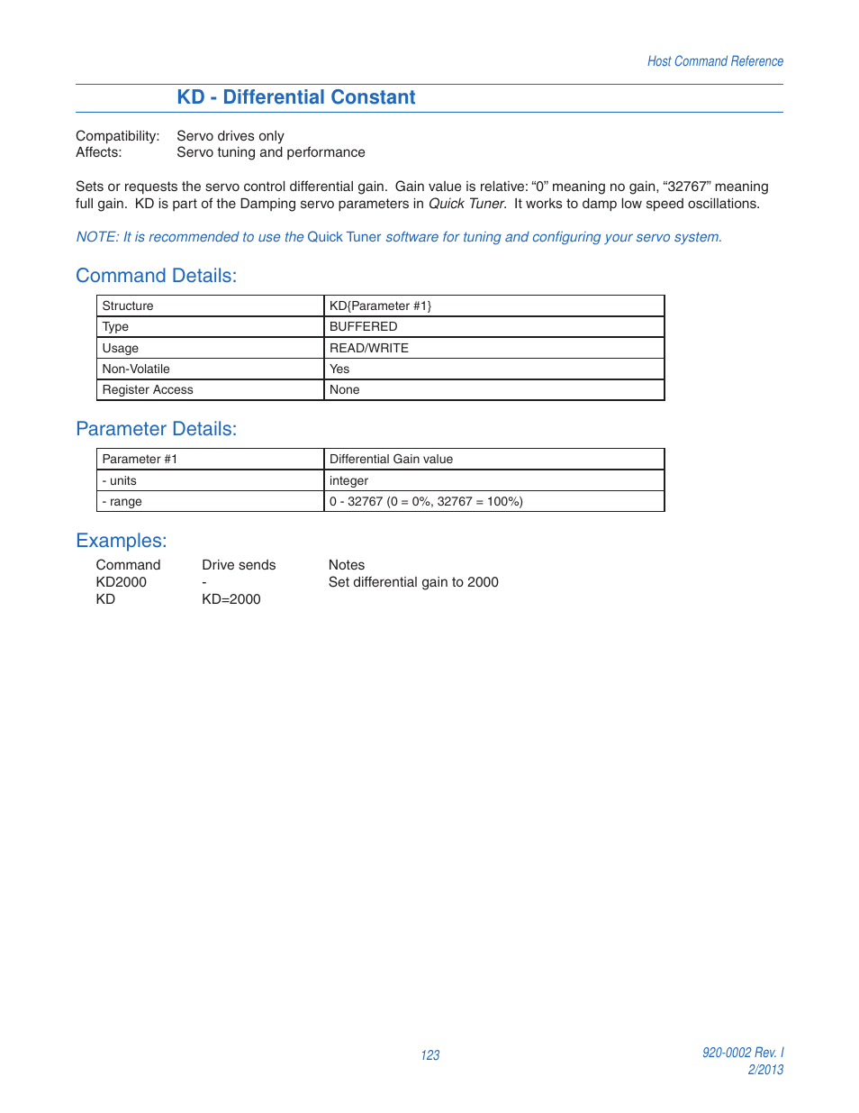 Kd - differential constant, Command details, Parameter details | Examples | Applied Motion RS-232 User Manual | Page 123 / 320