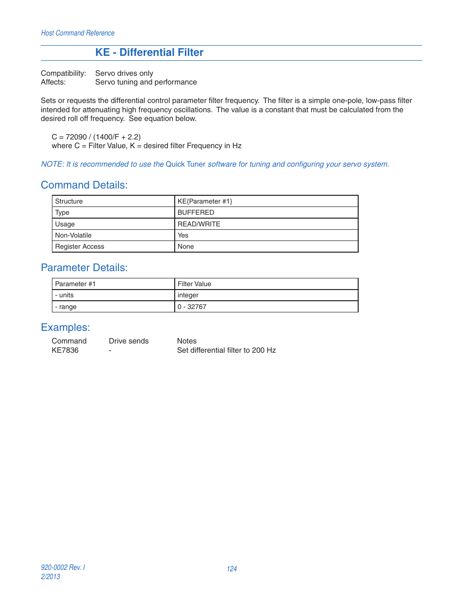 Ke - differential filter, Command details, Parameter details | Examples | Applied Motion RS-232 User Manual | Page 124 / 320