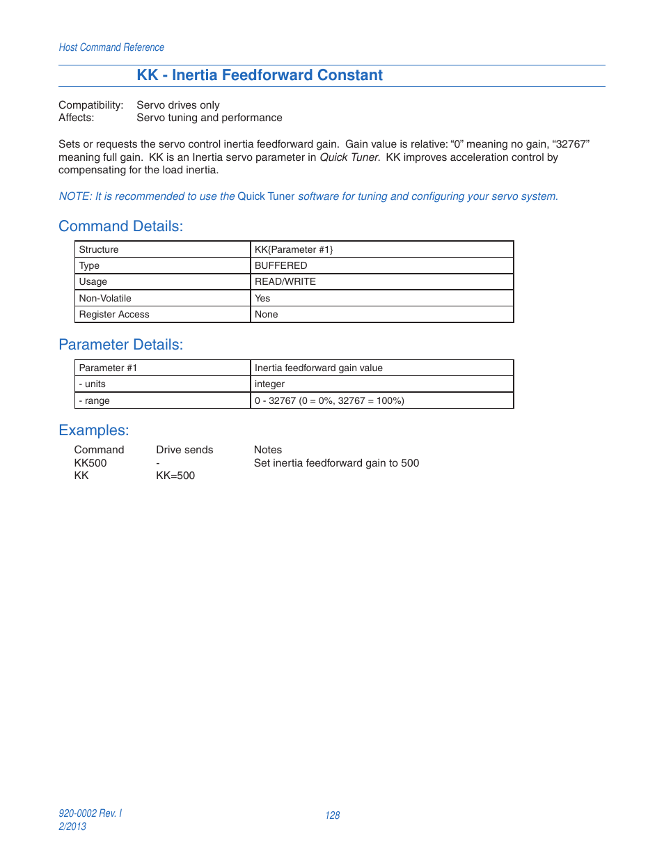 Kk - inertia feedforward constant, Command details, Parameter details | Examples | Applied Motion RS-232 User Manual | Page 128 / 320