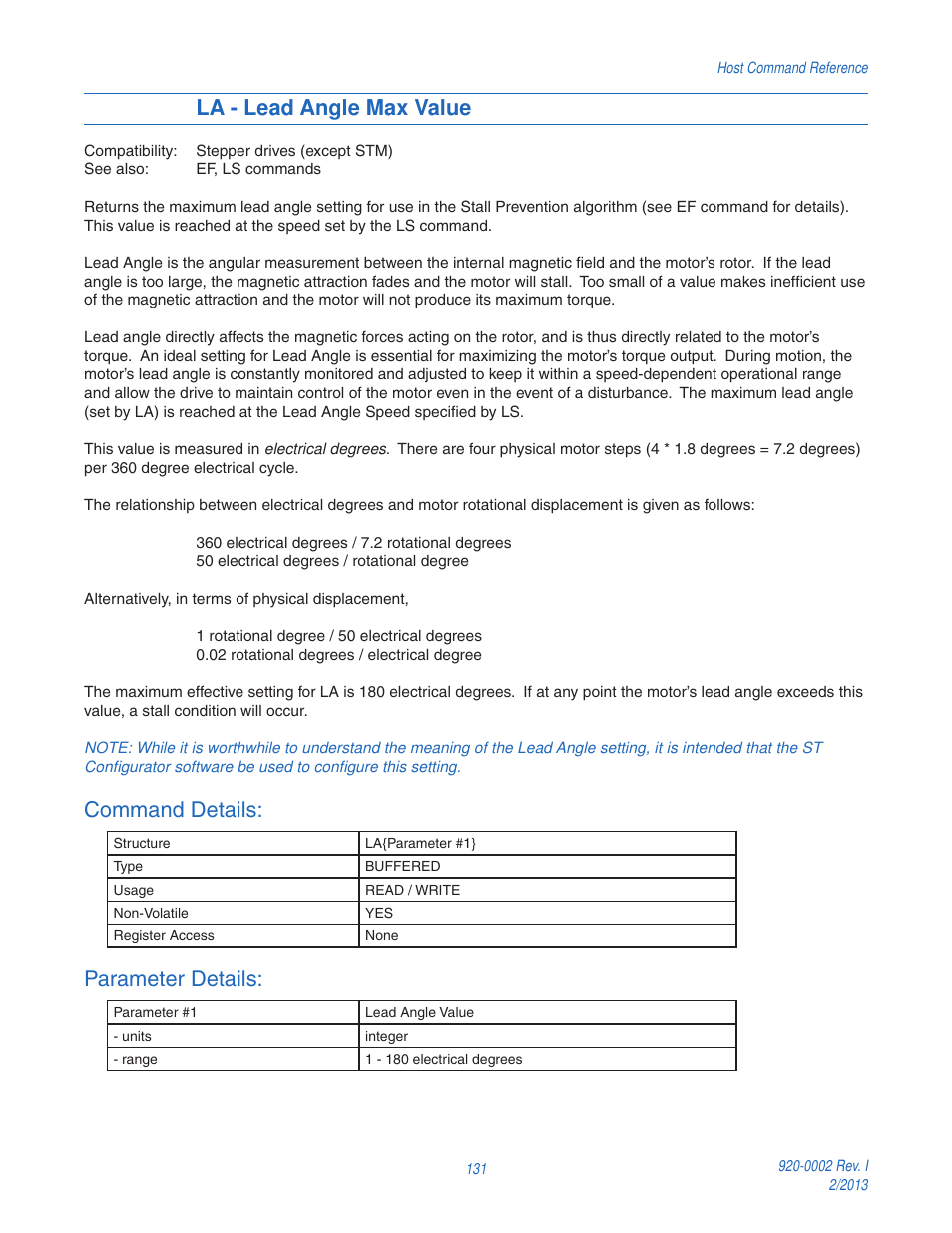 La - lead angle max value, Command details, Parameter details | Applied Motion RS-232 User Manual | Page 131 / 320
