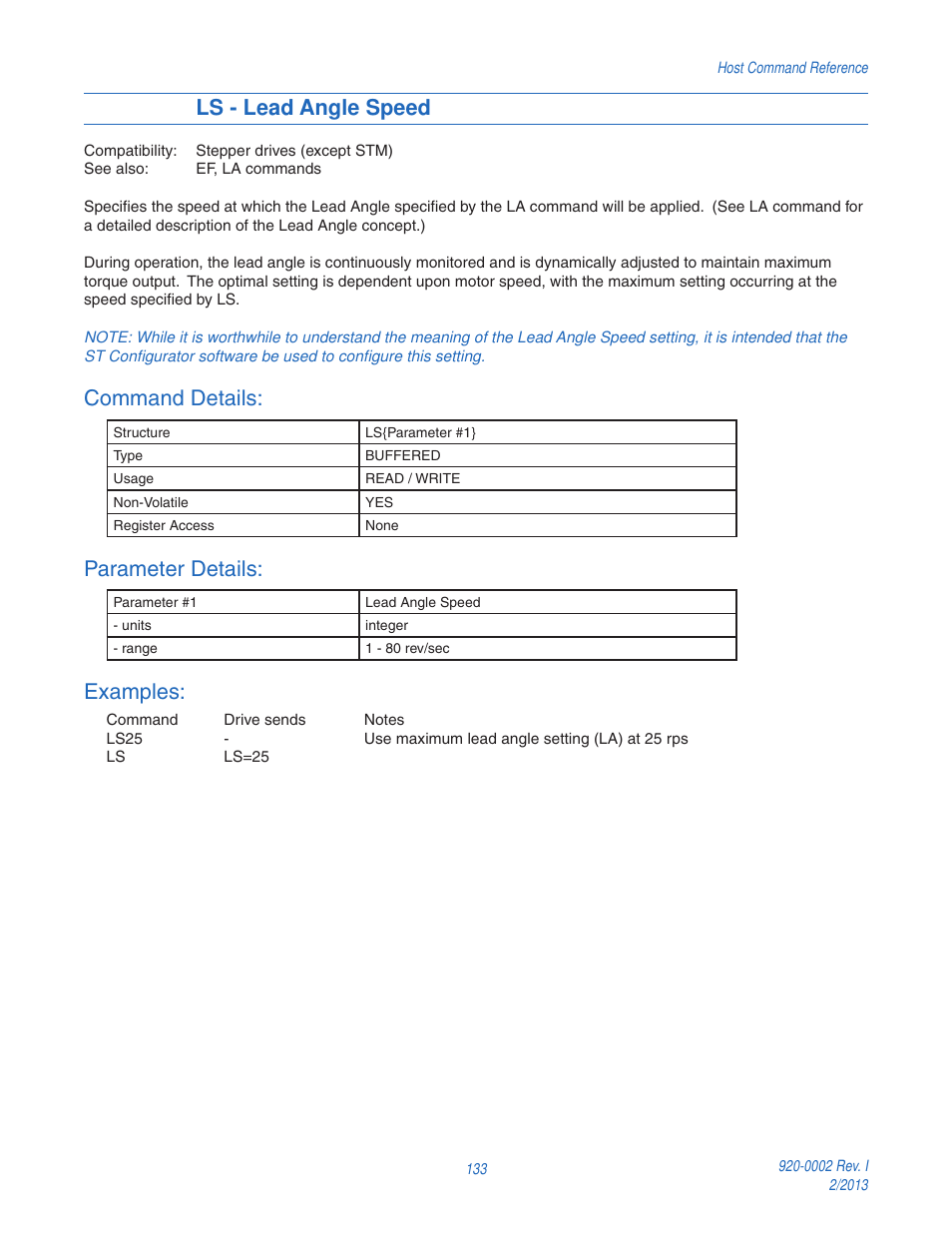 Ls - lead angle speed, Command details, Parameter details | Examples | Applied Motion RS-232 User Manual | Page 133 / 320
