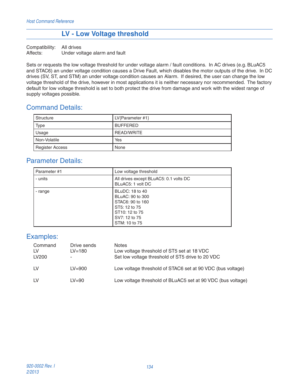 Lv - low voltage threshold, Command details, Parameter details | Examples | Applied Motion RS-232 User Manual | Page 134 / 320