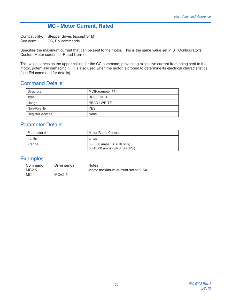 Mc - motor current, rated, Command details, Parameter details | Examples | Applied Motion RS-232 User Manual | Page 135 / 320