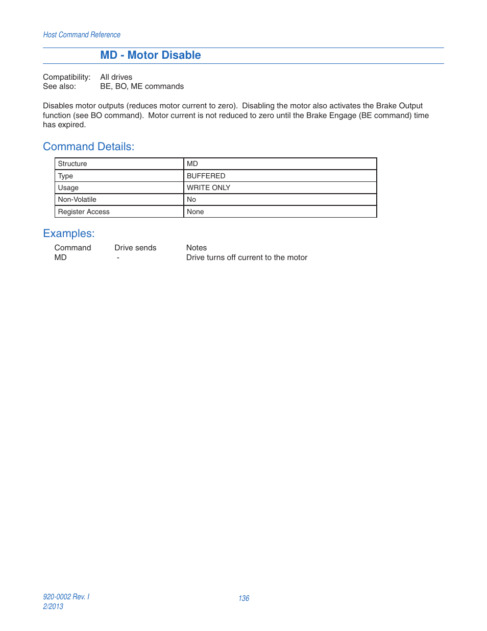 Md - motor disable, Command details, Examples | Applied Motion RS-232 User Manual | Page 136 / 320