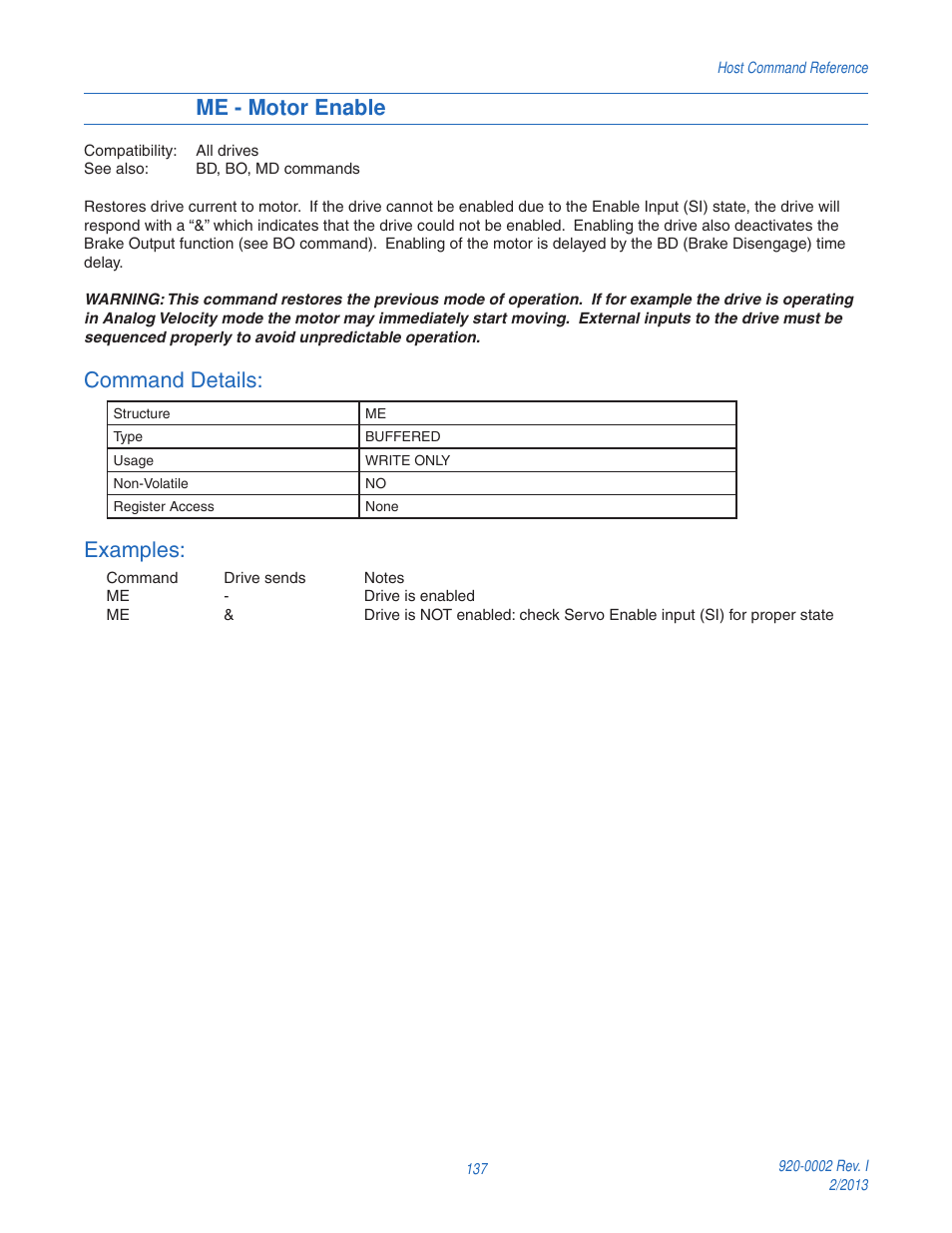 Me - motor enable, Command details, Examples | Applied Motion RS-232 User Manual | Page 137 / 320