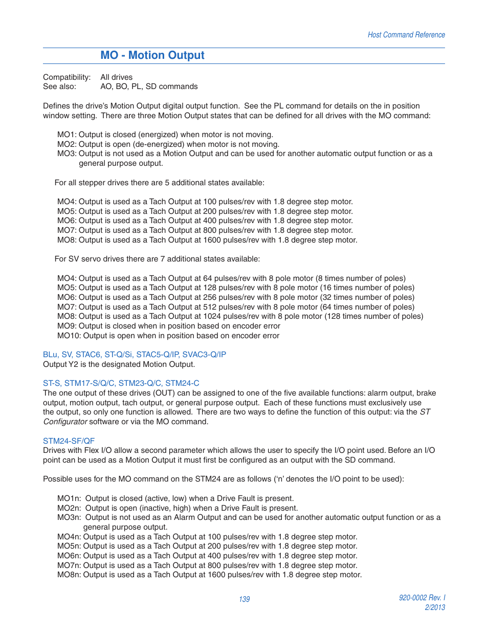 Mo - motion output | Applied Motion RS-232 User Manual | Page 139 / 320