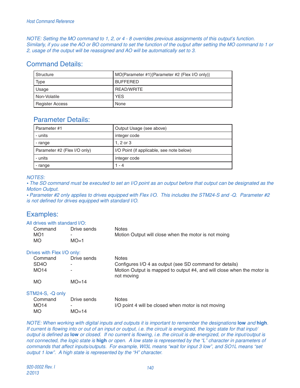 Command details, Parameter details, Examples | Applied Motion RS-232 User Manual | Page 140 / 320