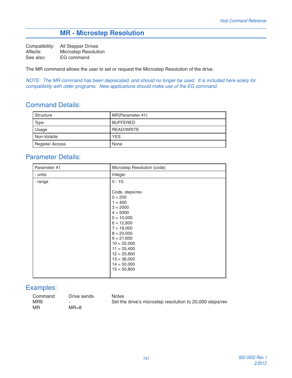 Mr - microstep resolution, Command details, Parameter details | Examples | Applied Motion RS-232 User Manual | Page 141 / 320