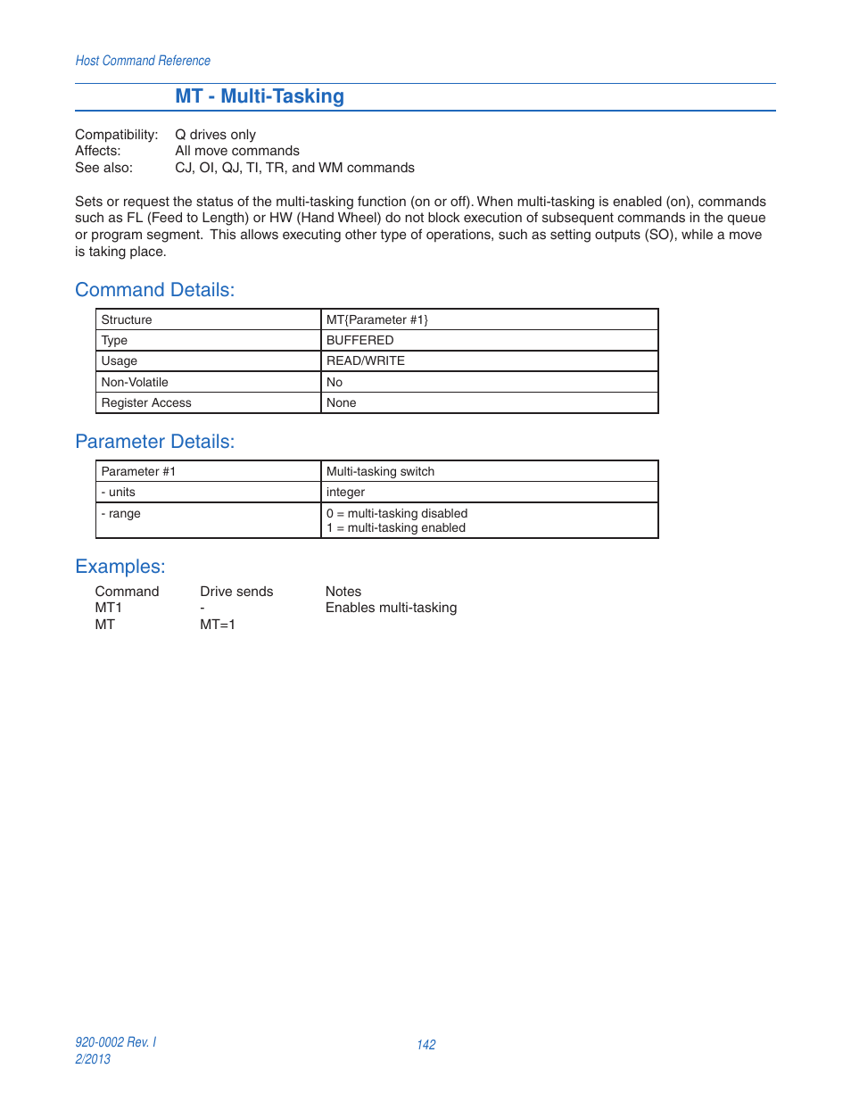 Mt - multi-tasking, Command details, Parameter details | Examples | Applied Motion RS-232 User Manual | Page 142 / 320