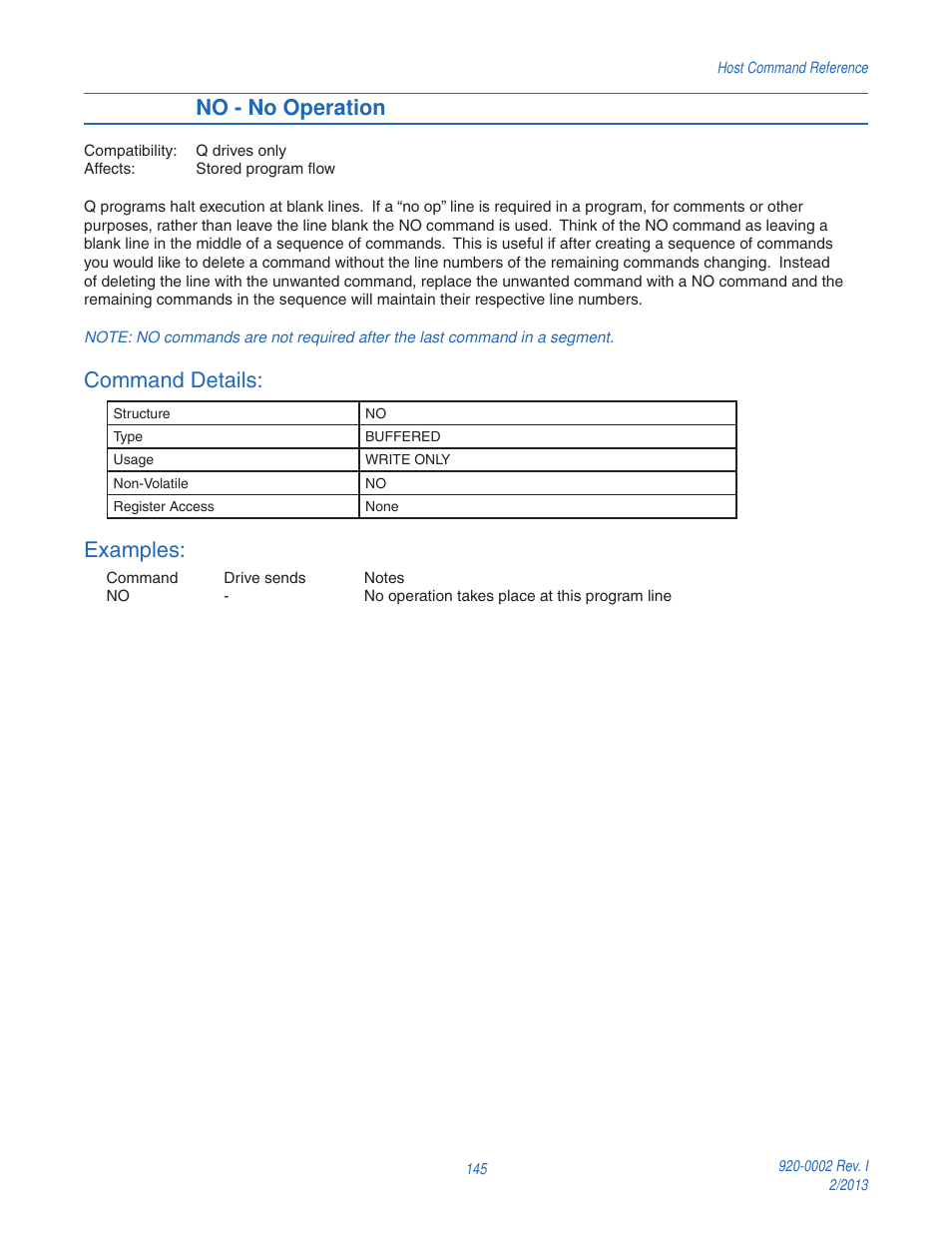 No - no operation, Command details, Examples | Applied Motion RS-232 User Manual | Page 145 / 320