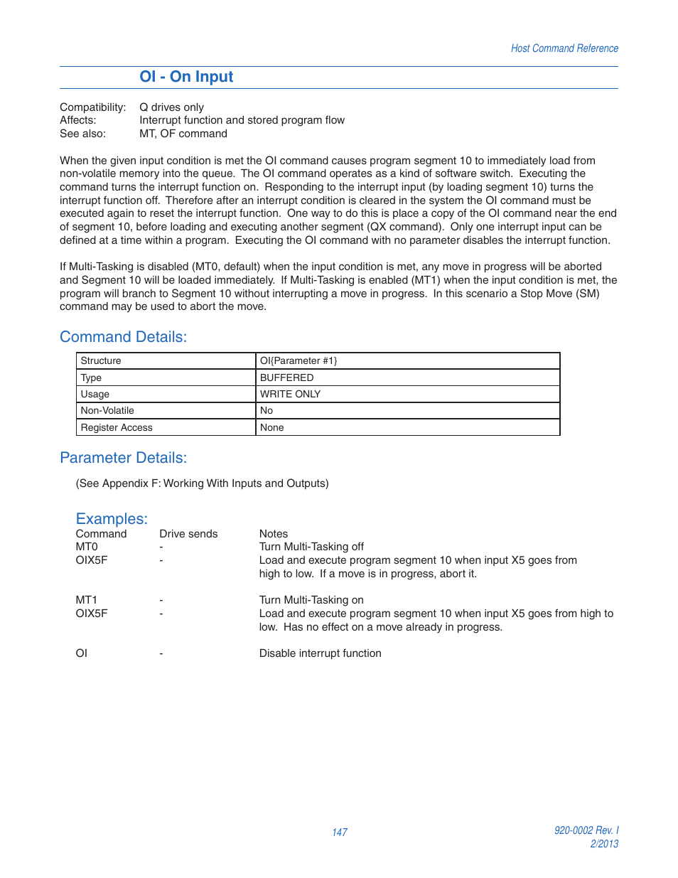 Oi - on input, Command details, Parameter details | Examples | Applied Motion RS-232 User Manual | Page 147 / 320
