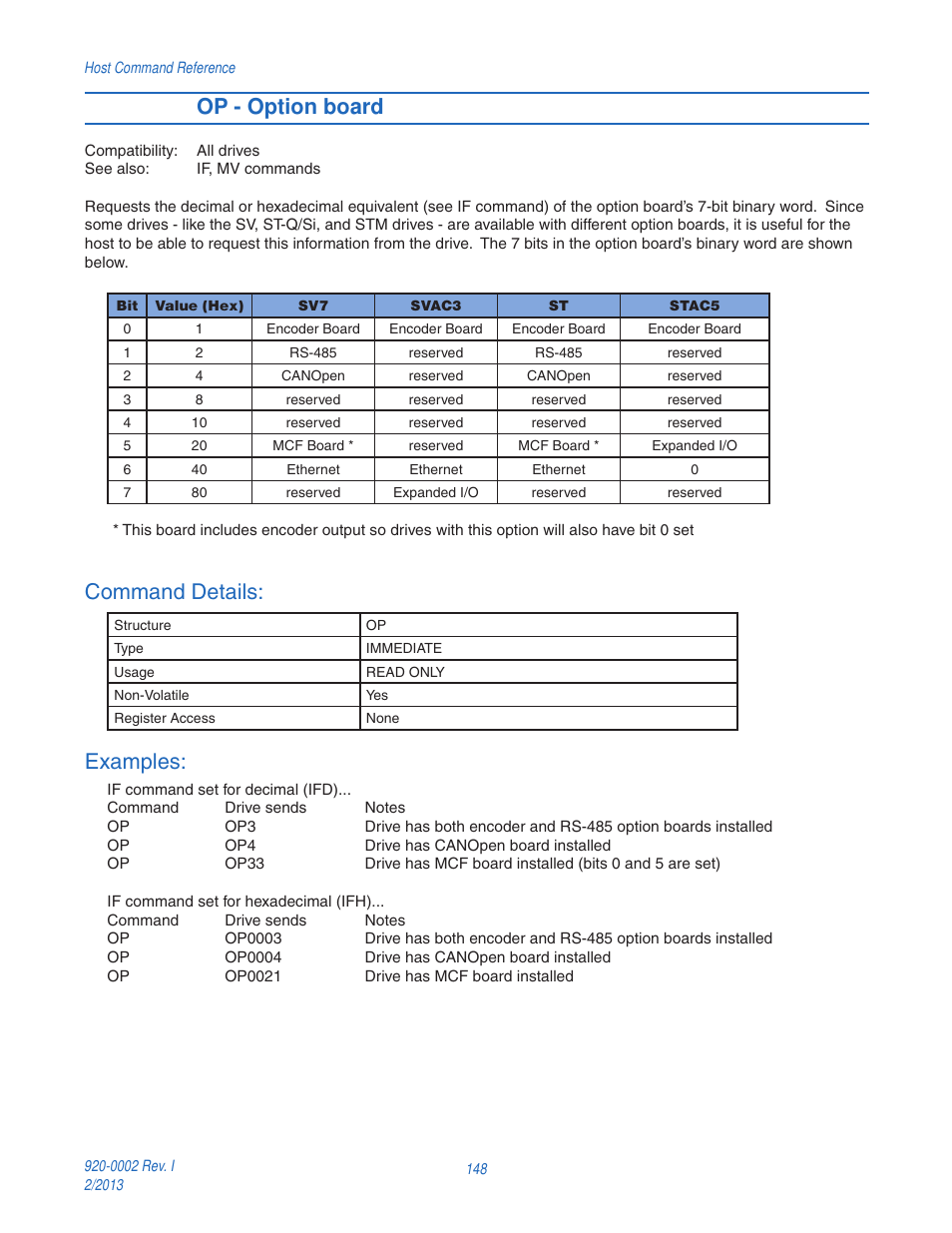 Op - option board, Command details, Examples | Applied Motion RS-232 User Manual | Page 148 / 320