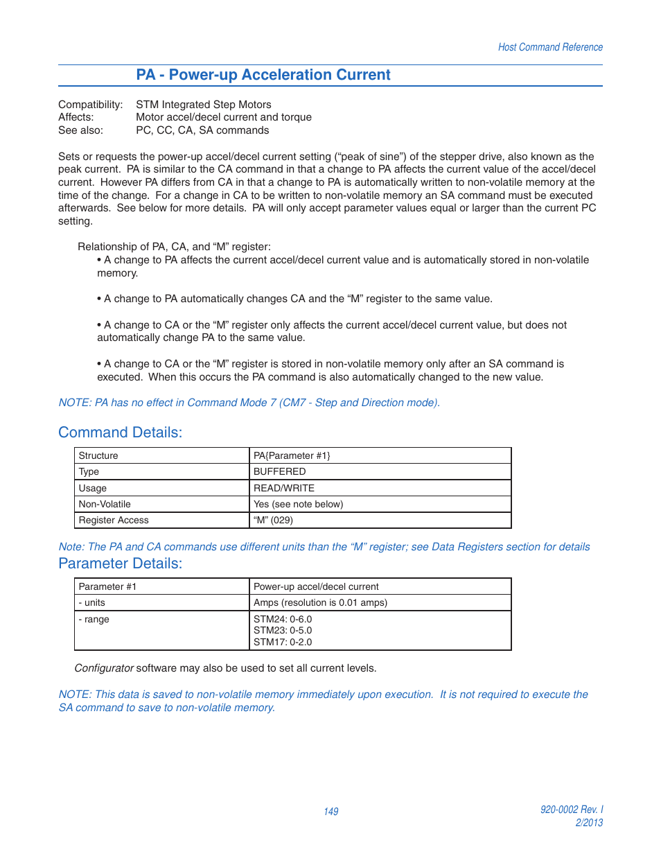 Pa - power-up acceleration current, Command details, Parameter details | Applied Motion RS-232 User Manual | Page 149 / 320