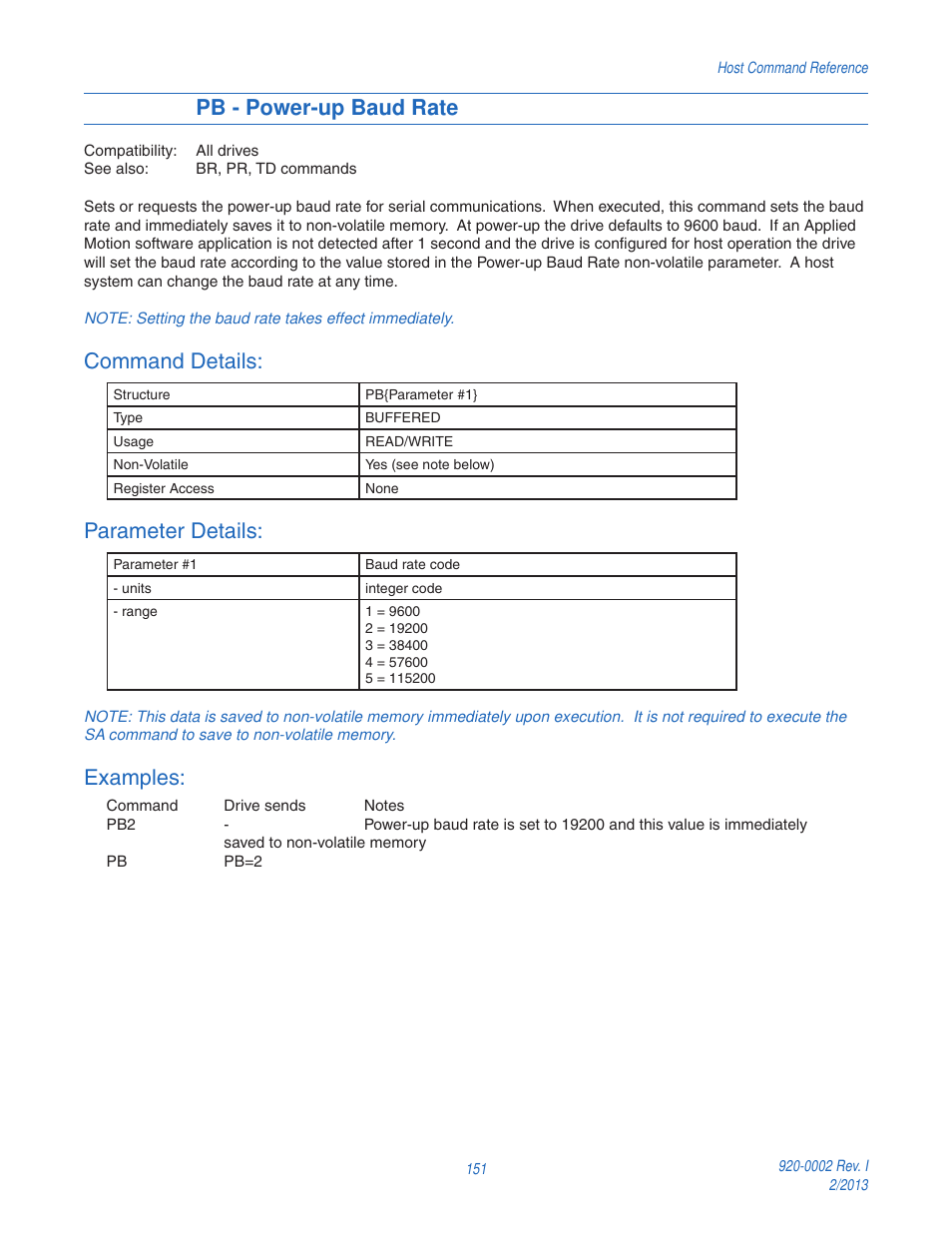 Pb - power-up baud rate, Command details, Parameter details | Examples | Applied Motion RS-232 User Manual | Page 151 / 320