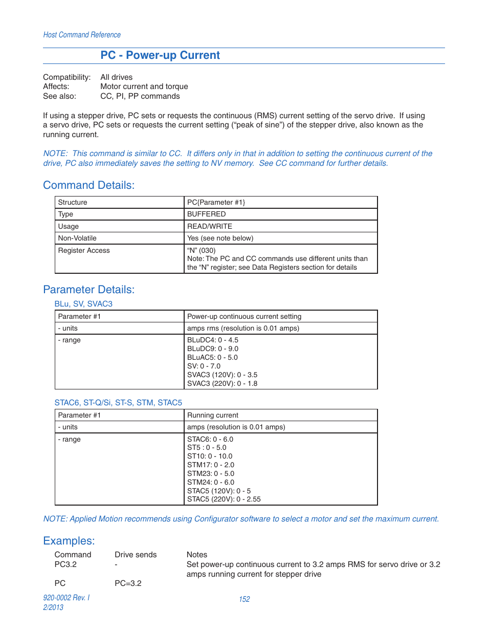 Pc - power-up current, Command details, Parameter details | Examples | Applied Motion RS-232 User Manual | Page 152 / 320