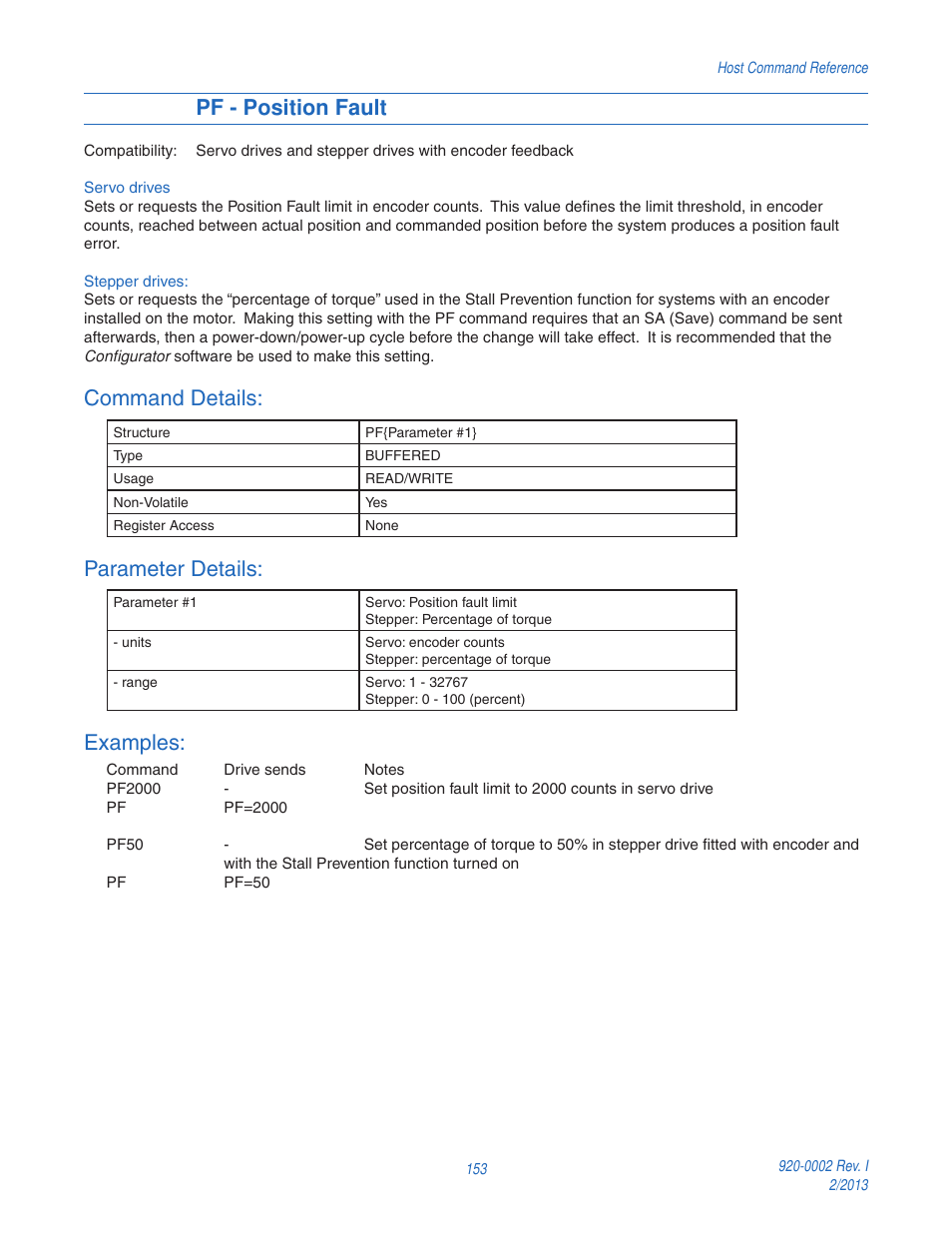 Pf - position fault, Command details, Parameter details | Examples | Applied Motion RS-232 User Manual | Page 153 / 320