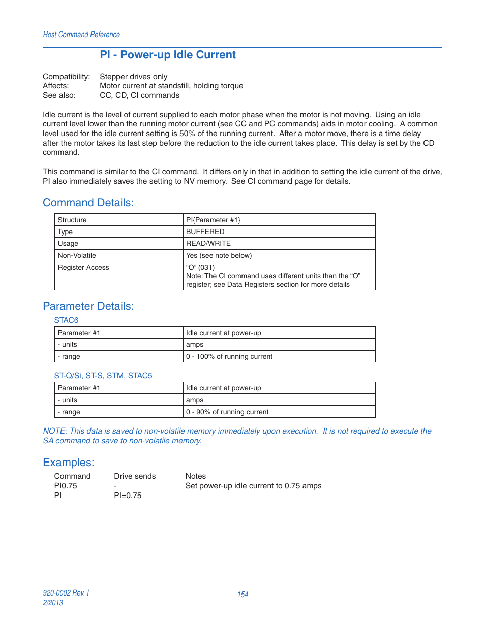 Pi - power-up idle current, Command details, Parameter details | Examples | Applied Motion RS-232 User Manual | Page 154 / 320