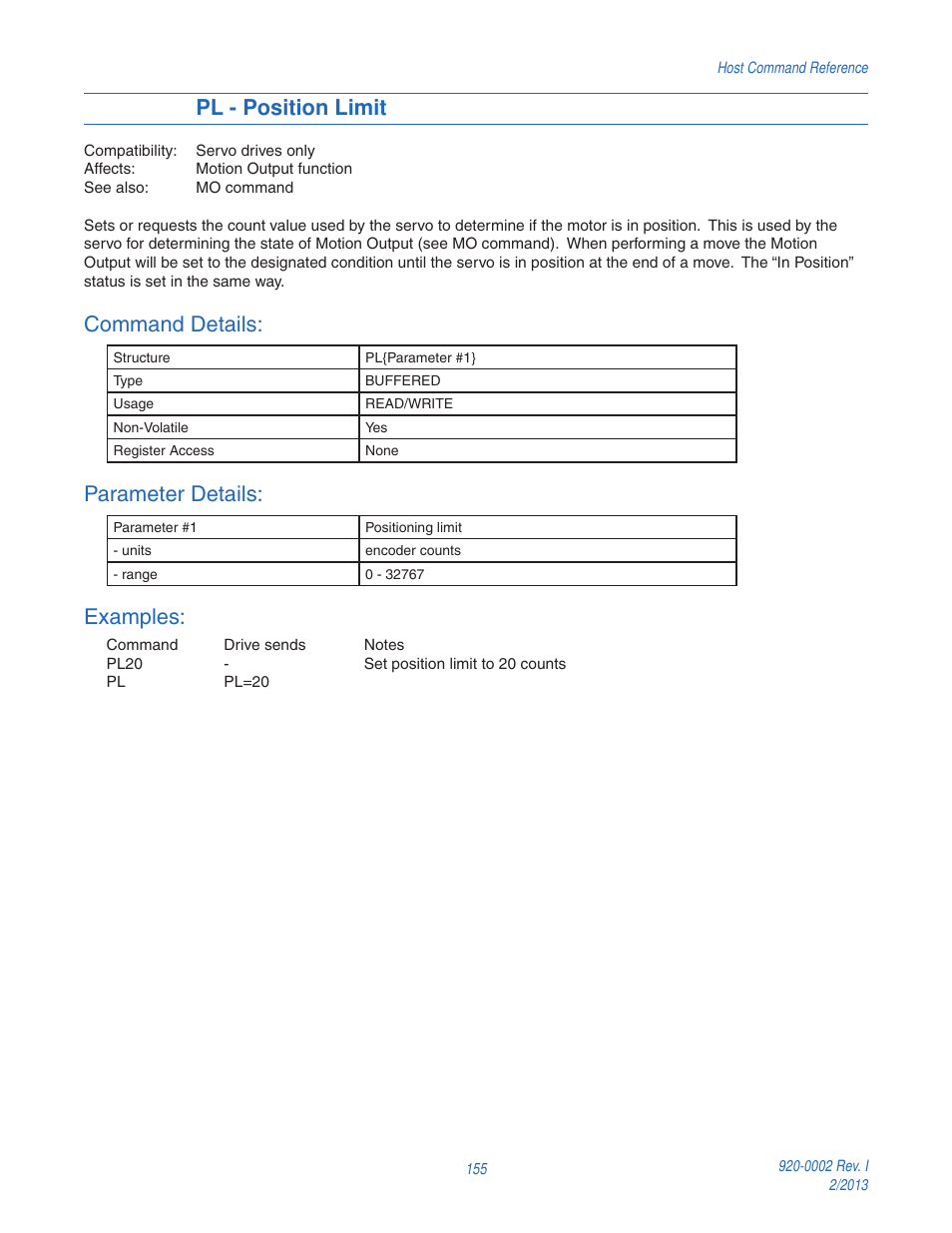 Pl - position limit, Command details, Parameter details | Examples | Applied Motion RS-232 User Manual | Page 155 / 320