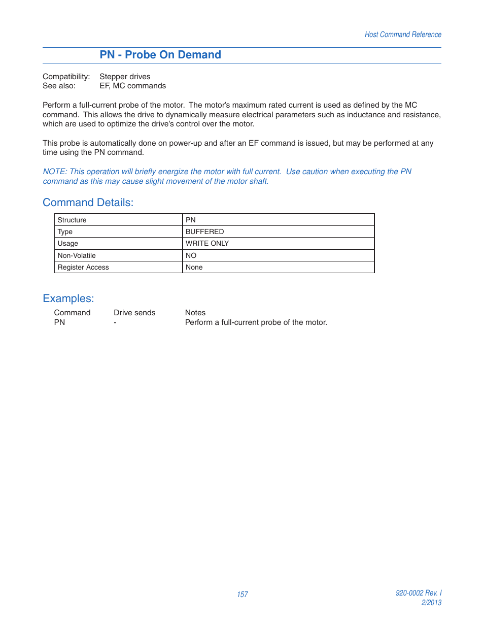 Pn - probe on demand, Command details, Examples | Applied Motion RS-232 User Manual | Page 157 / 320