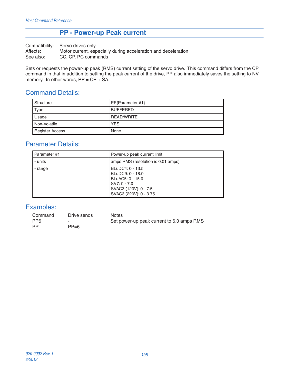 Pp - power-up peak current, Command details, Parameter details | Examples | Applied Motion RS-232 User Manual | Page 158 / 320