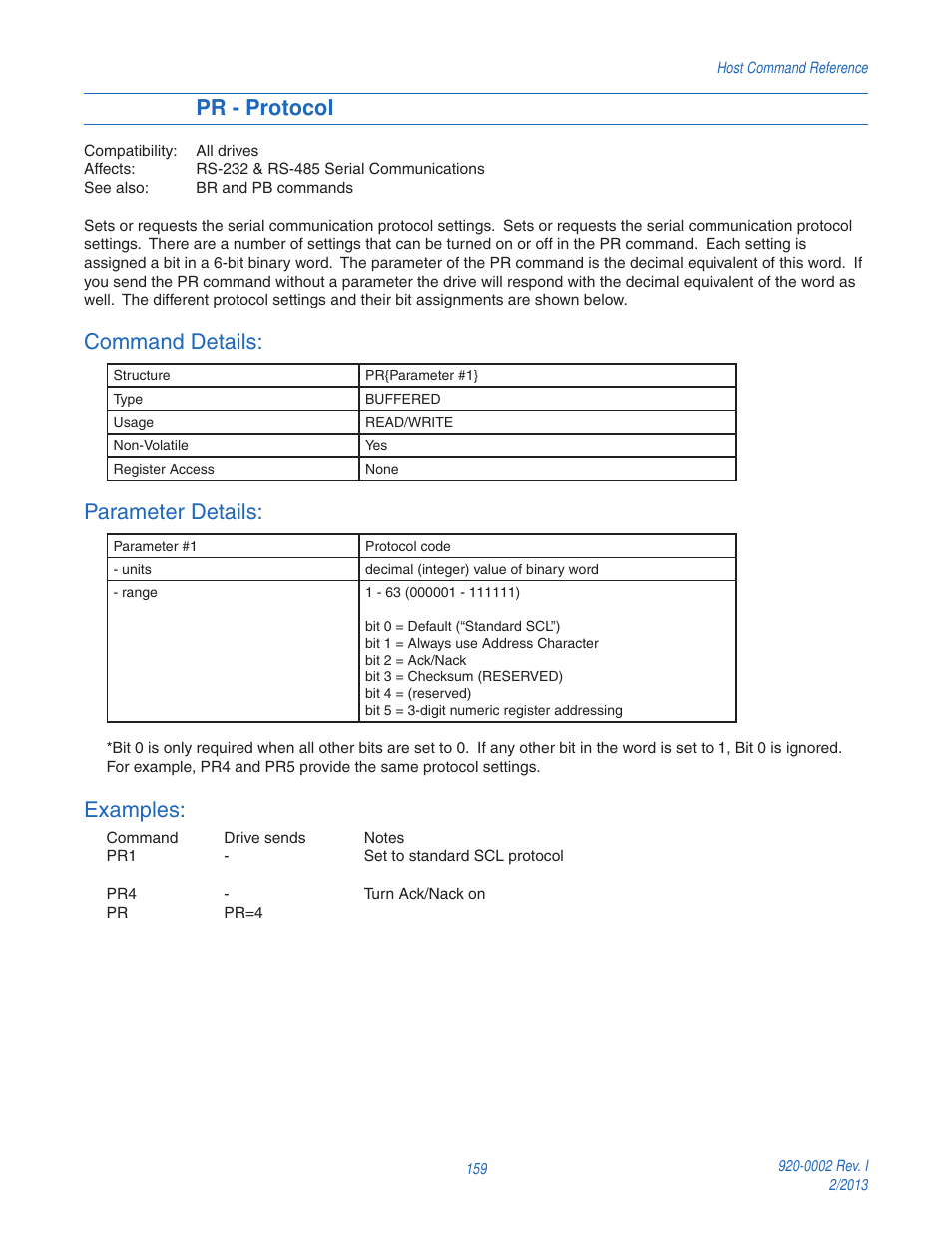 Pr - protocol, Command details, Parameter details | Examples | Applied Motion RS-232 User Manual | Page 159 / 320