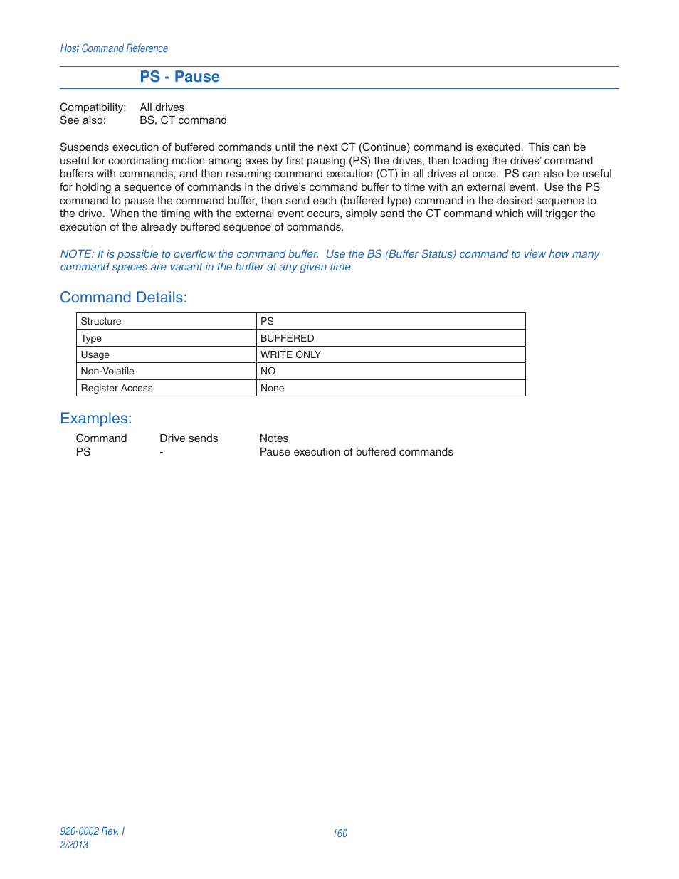 Ps - pause, Command details, Examples | Applied Motion RS-232 User Manual | Page 160 / 320
