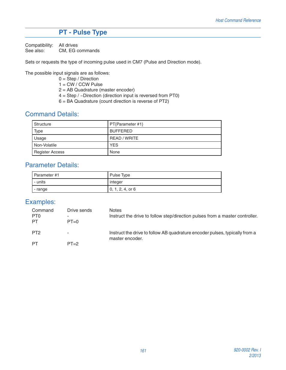 Pt - pulse type, Command details, Parameter details | Examples | Applied Motion RS-232 User Manual | Page 161 / 320