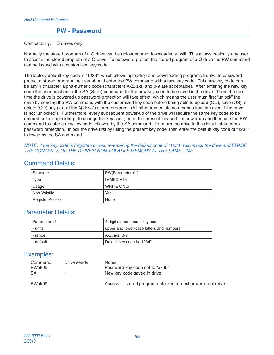 Pw - password, Command details, Parameter details | Examples | Applied Motion RS-232 User Manual | Page 162 / 320