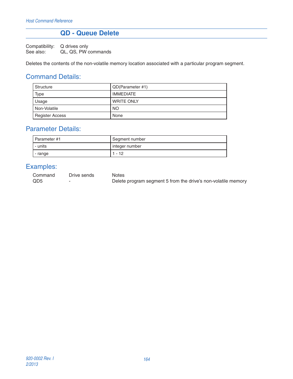Qd - queue delete, Command details, Parameter details | Examples | Applied Motion RS-232 User Manual | Page 164 / 320