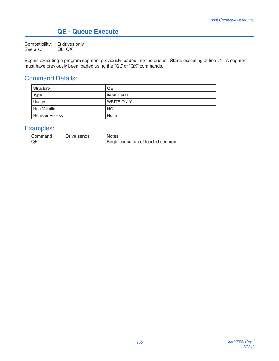 Qe - queue execute, Command details, Examples | Applied Motion RS-232 User Manual | Page 165 / 320