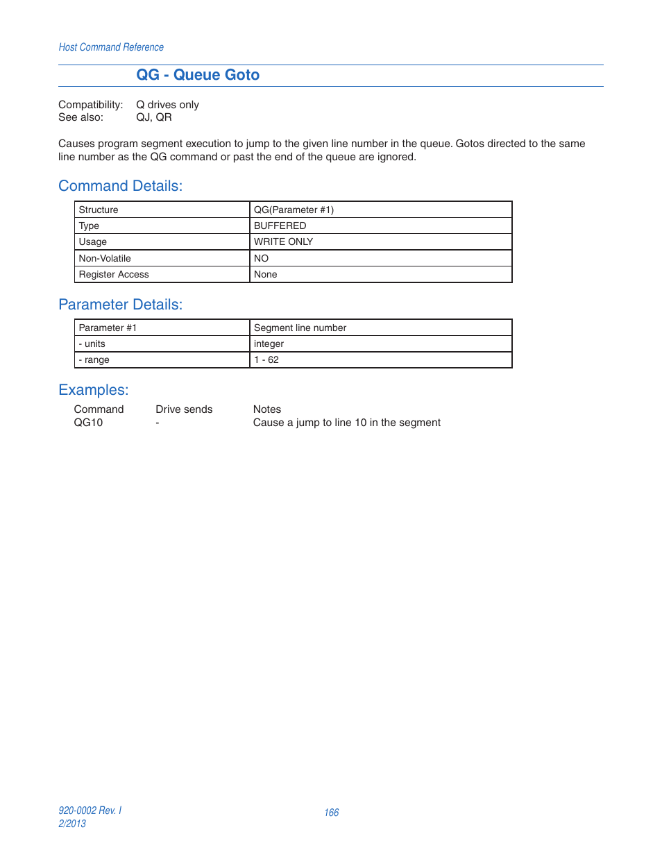 Qg - queue goto, Command details, Parameter details | Examples | Applied Motion RS-232 User Manual | Page 166 / 320