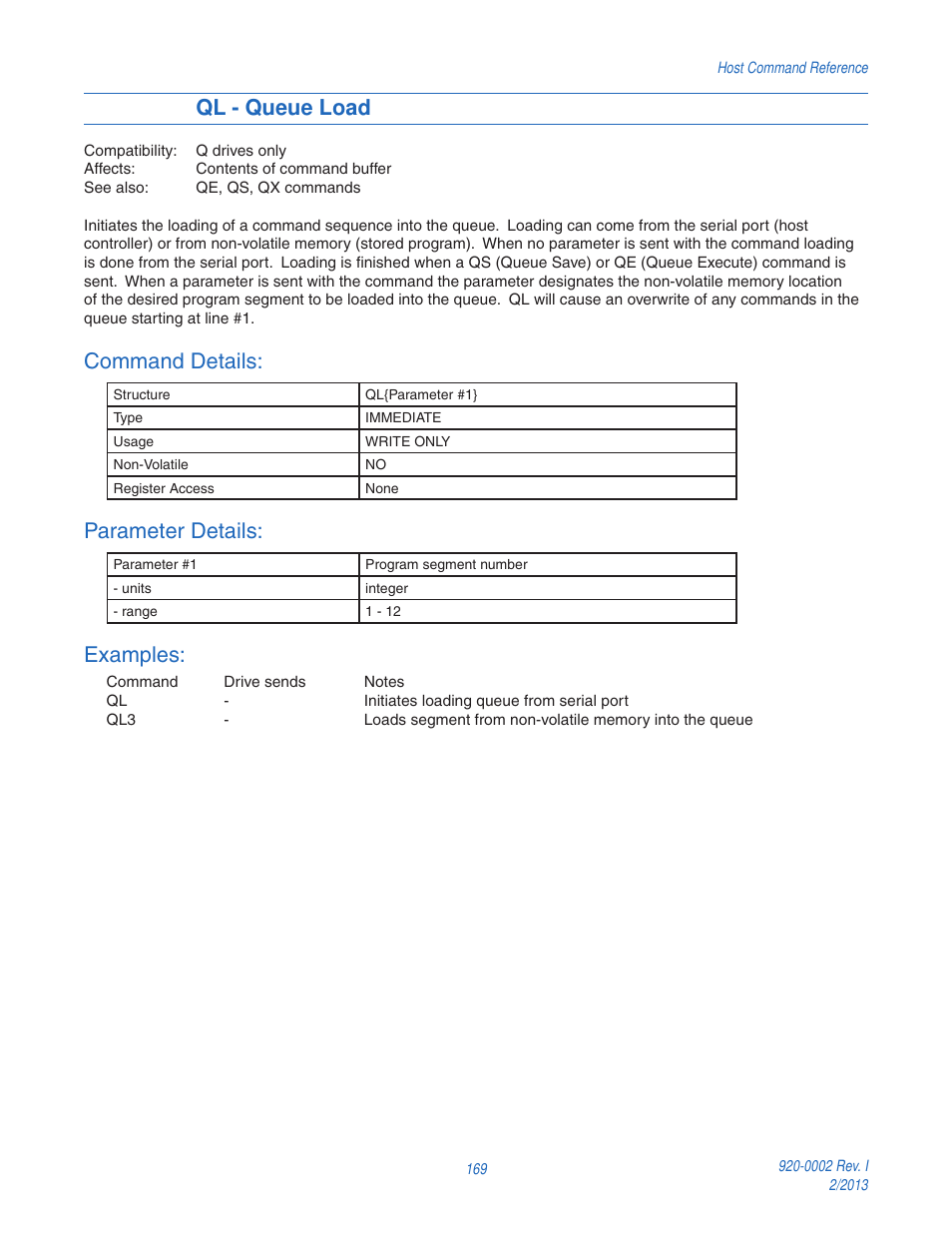Ql - queue load, Command details, Parameter details | Examples | Applied Motion RS-232 User Manual | Page 169 / 320