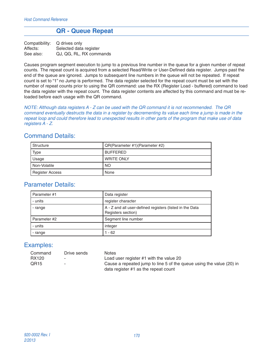 Qr - queue repeat, Command details, Parameter details | Examples | Applied Motion RS-232 User Manual | Page 170 / 320