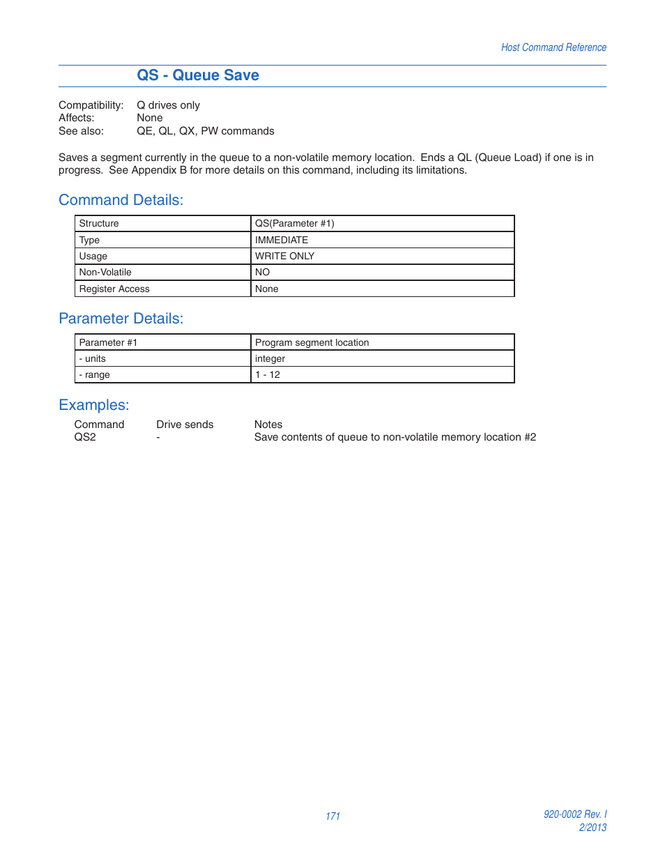 Qs - queue save, Command details, Parameter details | Examples | Applied Motion RS-232 User Manual | Page 171 / 320