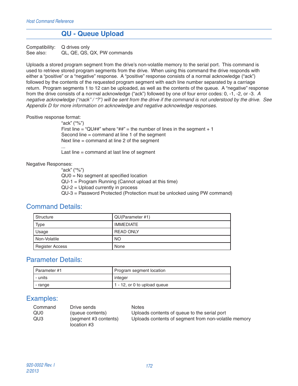 Qu - queue upload, Command details, Parameter details | Examples | Applied Motion RS-232 User Manual | Page 172 / 320