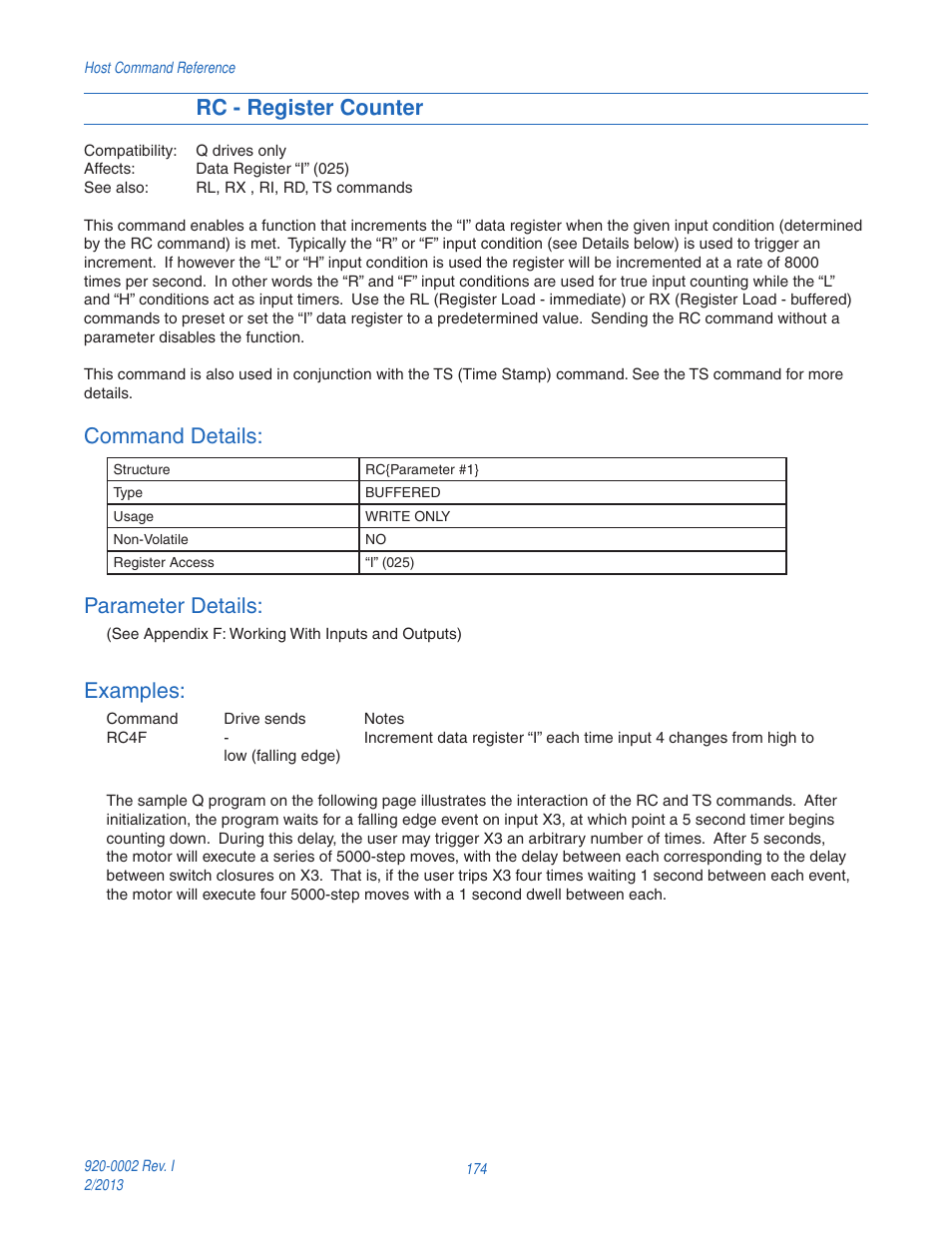Rc - register counter, Command details, Parameter details | Examples | Applied Motion RS-232 User Manual | Page 174 / 320